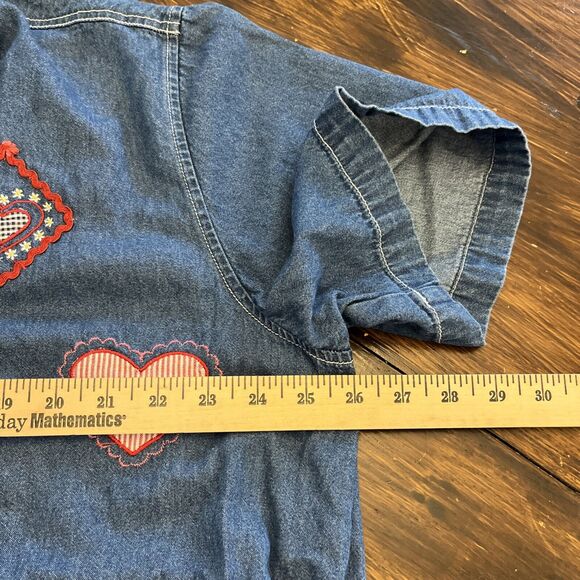 At Last Woman Size 22/24W Denim Button Up Shirt Hearts Embroidery Cottage Granny - Picture 9 of 13